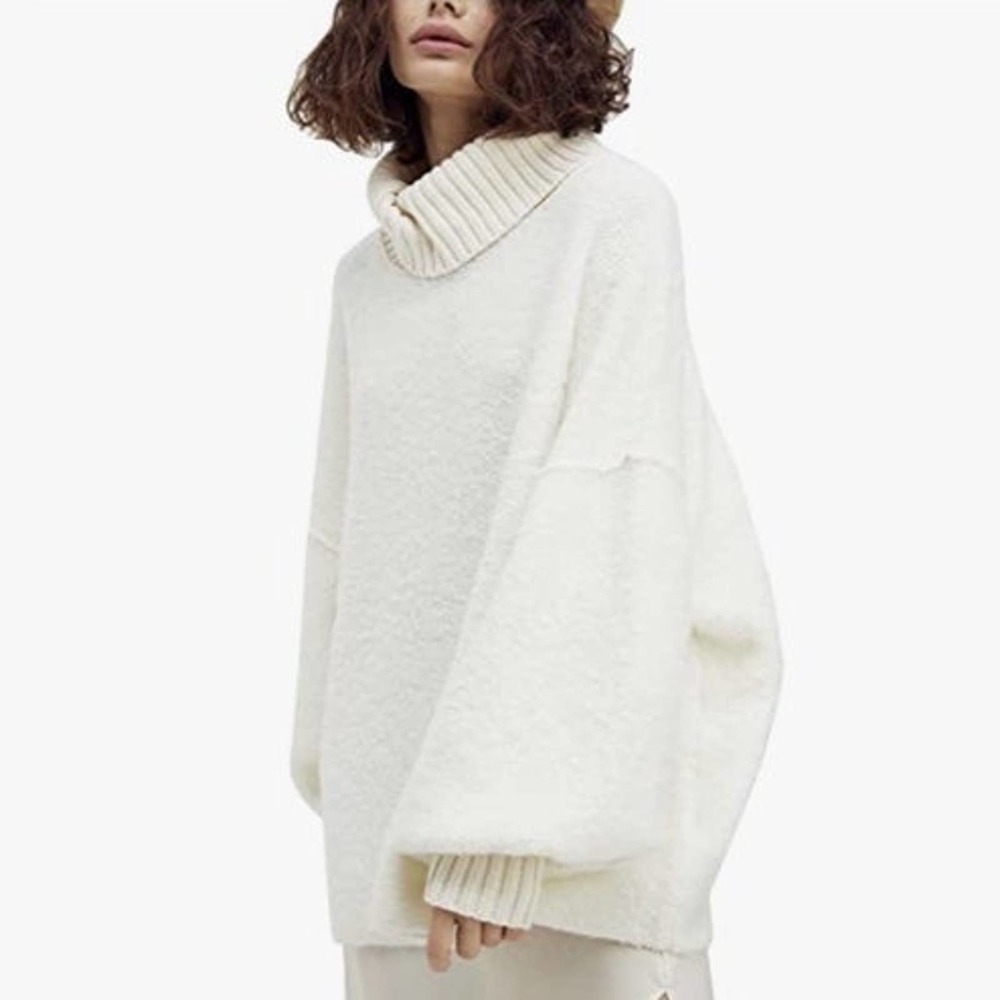 Free People Milo Oversized Ribbed Turtleneck Ivory Knit Tunic Pullover Sweaters